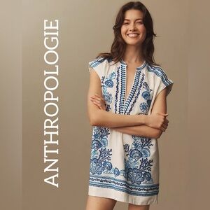 Maeve Anthropologie Embroidered Linen Tunic Dress White Blue Seashell
